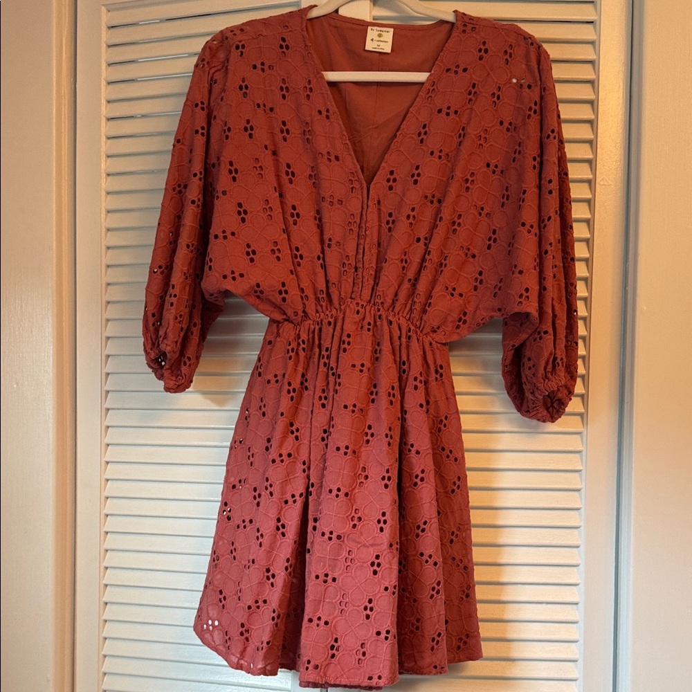 Orange Mini Sundress with Plunge Neckline and Bishop Sleeves